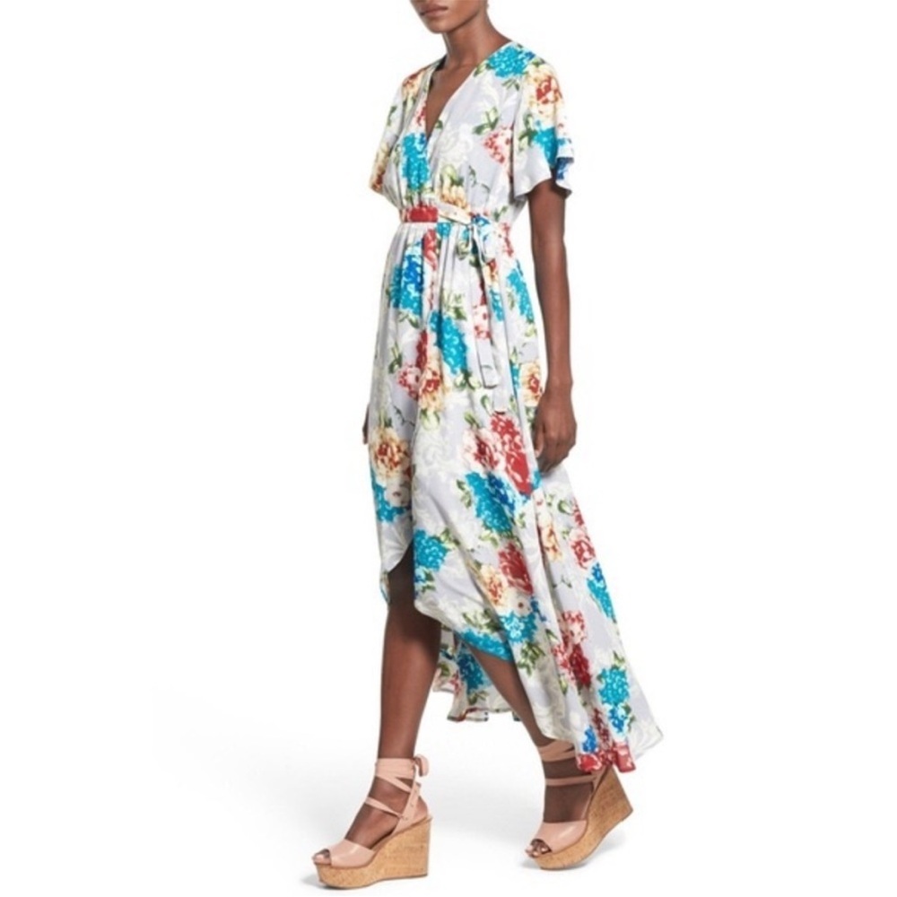 JUNE & HUDSON Blue Floral Wrap Front High Low Midi Long Dress Size Small - Picture 2 of 9